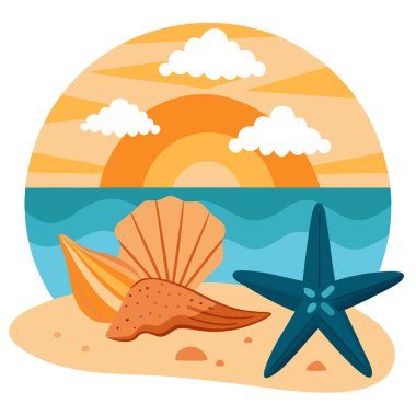 Yaz boyunca gün batımında kumlu sahilde dinlenen deniz yıldızları ve deniz kabukları. Yapay zeka üretildi. Vektör simgesi