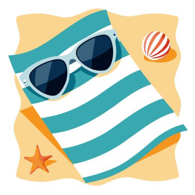 Güneş gözlükleri güneşli bir sahilde deniz kabuklarıyla çevrili çizgili bir havluda dinleniyor. Yapay zeka üretildi. Vektör simgesi