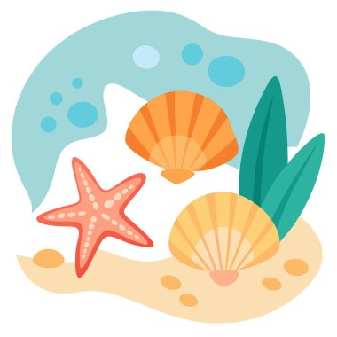 Yaz tatili temalı kumsalda deniz kabukları ve deniz yıldızları. Yapay zeka üretildi. Vektör simgesi
