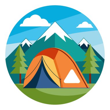 Açık hava kamp çadırı yaz tatili macera yürüyüşü yaz kampı illüstrasyonu. Yapay zeka üretildi. Vektör simgesi