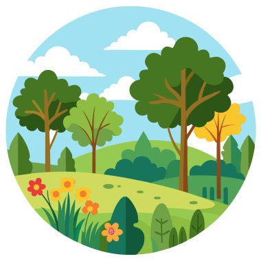 Temmuz Illinois Ormanı 'nda Oak Savanna Ormanı Yaz Yaban Çiçekleri ile birlikte. Yapay zeka üretildi. Vektör simgesi