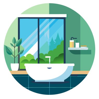 Geniş Pencereli Modern Banyo Tasarımı Lush Backyard Garden View. Yapay zeka üretildi. Vektör simgesi
