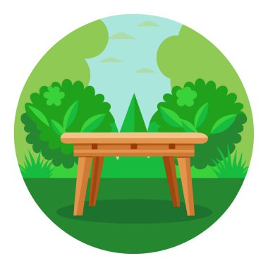Yeşil Arkaplan Masası. Lush Green Garden Ayarlarında Tahta Masa Görüntüsü. Yapay zeka üretildi. Vektör simgesi