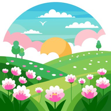 Çiçeklerle dolu yaz sabahı tarlası pembe beyaz gündoğumu gökyüzü yeşil doğa. Yapay zeka üretildi. Vektör simgesi