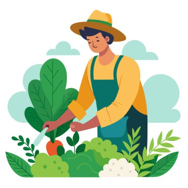 Bitki bahçesinden fesleğen ve kekik gibi taze otlar kesen bir tarım işçisi. Yapay zeka üretildi. Vektör simgesi