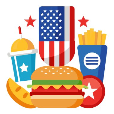 Klasik Amerikan ziyafetinde sosisli sandviç. Patates. Çipler ve Birleşik Devletler bayrağı. Yapay zeka üretildi. Vektör simgesi