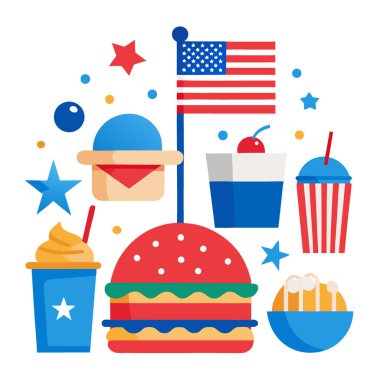 Bağımsızlık Günü 'nü Klasik Amerikan Yemekleri ve Festivalsel Dekorasyonlarla kutluyoruz. Yapay zeka üretildi. Vektör simgesi