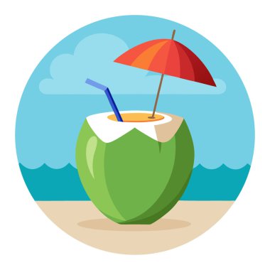 Yazın sahilde otantik şemsiyeli taze hindistan cevizi içeceği. Yapay zeka üretildi. Vektör simgesi