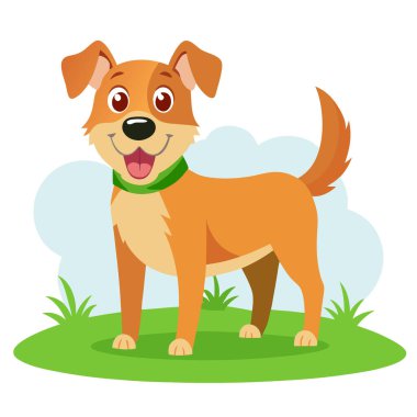 Mutlu evcil köpek yaz günü yeşil çimlerde uzun bir portreyle oynuyor. Yapay zeka üretildi. Vektör simgesi