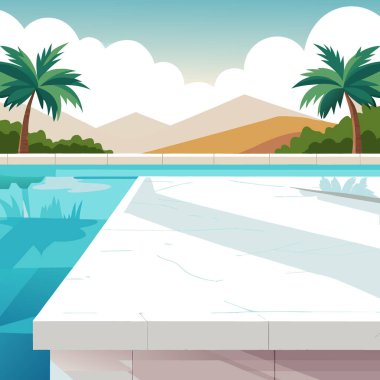 Mermer yüzey. Havuz kenarında. Lüks ev. Yaz. arka plan bulanıklığı. ürün gösterimi... yapay zeka üretildi. Vektör simgesi