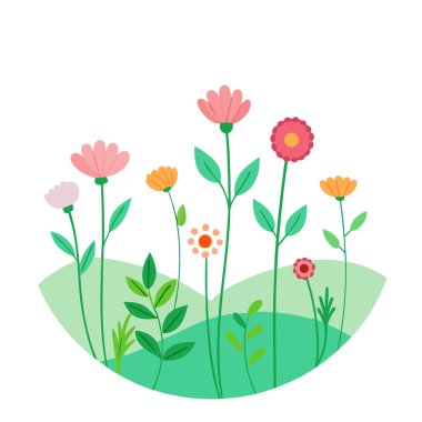 Dağınık kır çiçekleri. Saf tarz. Açık mavi fon. Alan. Doğa. Yaz. Yapay zeka üretildi. Vektör simgesi