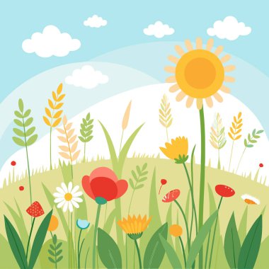 Güzel güneşli bir günde kır çiçekleri ve otlarla dolu doğal yaz çayırları. Yapay zeka üretildi. Vektör simgesi