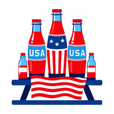 Amerika 'nın Bağımsızlık Günü Piknik Masasında Kırmızı Beyaz ve Mavi Soda Şişeleri. Yapay zeka üretildi. Vektör simgesi