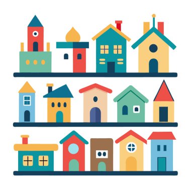 Raflara çeşitli renkler ve tasarımlarla boyanmış küçük evler. Yapay zeka üretildi. Vektör simgesi