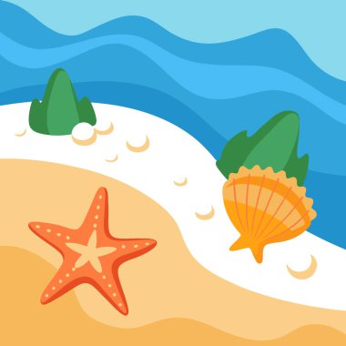 Yaklaşan dalgalarla kumlu bir sahilde deniz yıldızı ve deniz kabuğu manzarası. Yapay zeka üretildi. Vektör simgesi