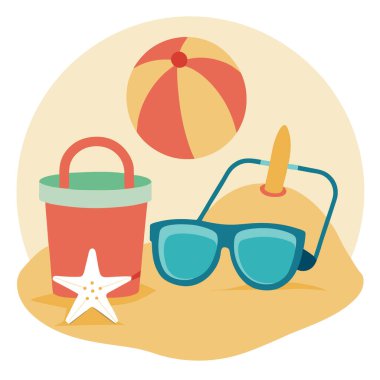 Yaz tatili için pastel bej arka planda kumsal oyuncakları ve güneş gözlüğü. Yapay zeka üretildi. Vektör simgesi