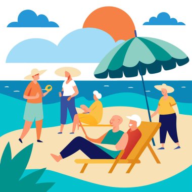 Sahilde dinlenen yaşlılar güneşin altında manzaranın ve arkadaşlığın tadını çıkarıyorlar. Yapay zeka üretildi. Vektör simgesi