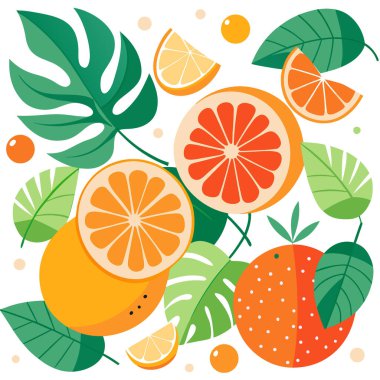 Portakallı, greyfurtlu ve canavar yapraklı canlı bir tropik yaz ortamı. Yapay zeka üretildi. Vektör simgesi