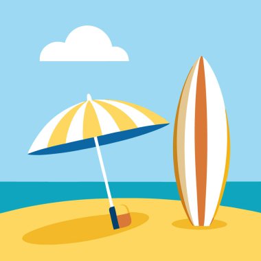 Sarı ve beyaz çizgili bir plaj şemsiyesi ve kumlu bir sahilde sörf tahtası standı. Yapay zeka üretildi. Vektör simgesi