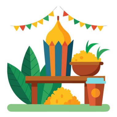 Patlamış mısırlı Brezilya Yaz Festivali Masası Mısır Geleneksel Dekorasyonları. Yapay zeka üretildi. Vektör simgesi