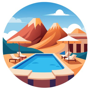 Sersemletici Dağ Görünümü Sonsuz Havuz Gevşemesi ile Lüks Çöl Tatil Havuzu. Yapay zeka üretildi. Vektör simgesi