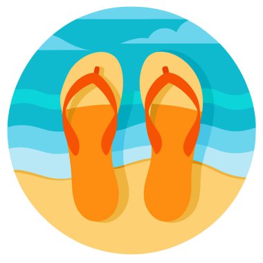 Ocean and Sky ile Sandy Plajında Turuncu Terlikler ya da seyahat ve yaz teması yapay zeka. Vektör simgesi