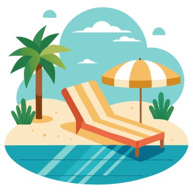 Havuz kenarında bej bir şezlongda hasır şapka olan bir yaz sahnesi. Yapay zeka üretildi. Vektör simgesi