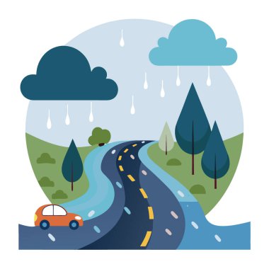 Kısa süreli sağanak yağış yolların fotokopi alanı görüntüleriyle dolup taşmasına neden oluyor. Yapay zeka üretildi. Vektör simgesi