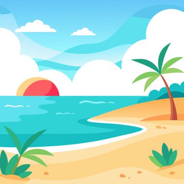 Yaz temalı arka plan ve duvar kağıtları için fotokopi alanı olan sakin bir sahil sahnesi. Yapay zeka üretildi. Vektör simgesi