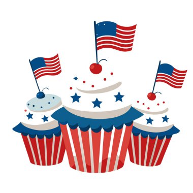 ABD 'nin 4 Temmuz Bağımsızlık Günü Amerikan Bayrakları ve Beyaz Şekerlemeli Kekler. Yapay zeka üretildi. Vektör simgesi