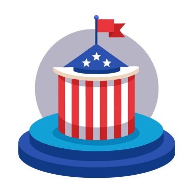 Arka planda Amerikan bayrağı süsü olan yuvarlak bir podyumun 3D görüntüsü. Yapay zeka üretildi. Vektör simgesi