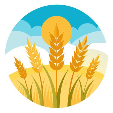 Yapay zekanın oluşturduğu açık bir yaz gökyüzünün altında sıcak güneş ışığında yıkanmış buğday saplarının güzel bir manzarası. Vektör simgesi