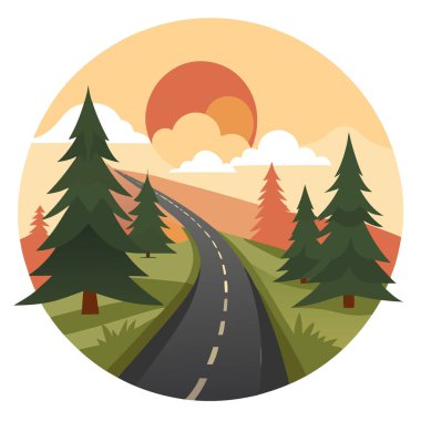 Ağaçların arkasından doğan güneş ve arka planda sisli ormanın olduğu kır yolu yapay zeka üretildi. Vektör simgesi