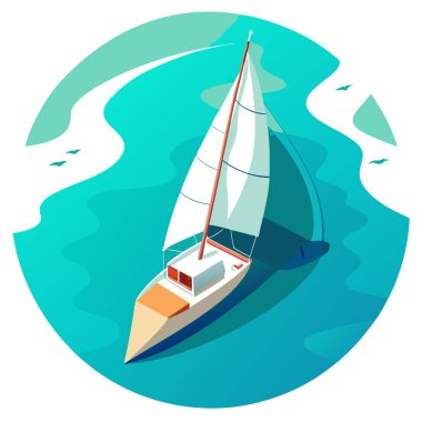 Güneşli bir günde turkuaz sularda yüzen bir yelkenlinin hava görüntüsü. Yapay zeka üretildi. Vektör simgesi