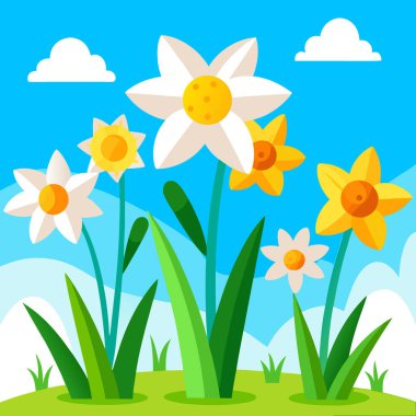 Parlak bir ışığın altında çiçek açan nergislerin olduğu canlı bir bahar sahnesi. Açık mavi gökyüzü. Yapay zeka üretildi. Vektör simgesi