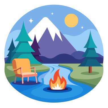 Gün batımında nehrin kenarında sıcak bir ateş ve rahat bir koltukla kamp kurun. Yapay zeka üretildi. Vektör simgesi