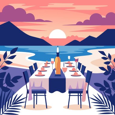 Gün batımında dekore edilmiş masalar ve kıyı manzaralı şık bir deniz kenarı sofrası. Yapay zeka üretildi. Vektör simgesi