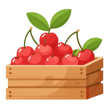 Taze kirazlar ahşap bir masada sade bir kutuda sergileniyor yaz tatlarını davet ediyor. Yapay zeka üretildi. Vektör simgesi