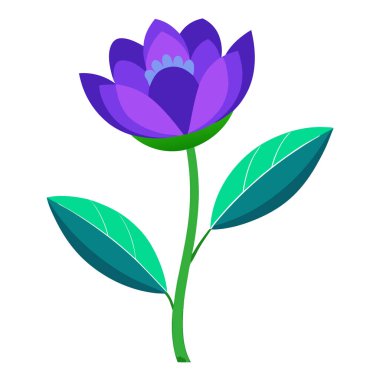 Yeşil yapraklarla çevrili mor ve mavi bir çiçek yapay zekayla oluşturuldu. Vektör simgesi