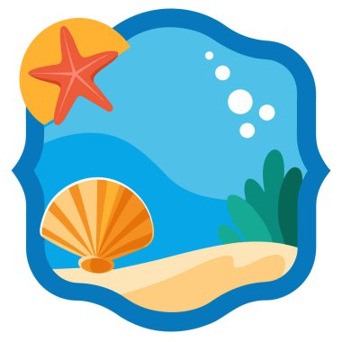 Deniz kabukları. denizyıldızı. Mavi üzerine kum sınırı. Yaz plajı geçmişi. Tasarım şablonu. Yapay zeka üretildi. Vektör simgesi