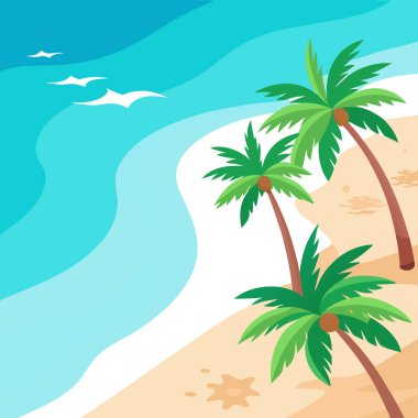 Yaz arkaplanı güzel sahil suyu hindistan cevizi palmiye ağaçları beyaz kum tepesi manzarası. Yapay zeka üretildi. Vektör simgesi