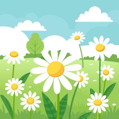 Yaz mevsiminde papatya çiçekleri doğal arka planda yetişir. Yapay zeka üretildi. Vektör simgesi