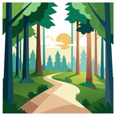 Yaz ormanı boyunca yükselen ağaçlar ve güneş ışığıyla panoramik bir manzara. Yapay zeka üretildi. Vektör simgesi