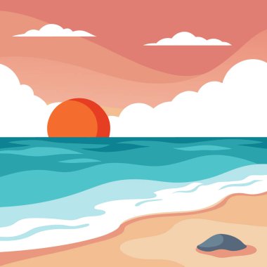 Gün batımında güzel bir sahilde, yıpranmış beyaz bir deniz yavaşça sıcak kumda dinlenir. Yapay zeka üretildi. Vektör simgesi