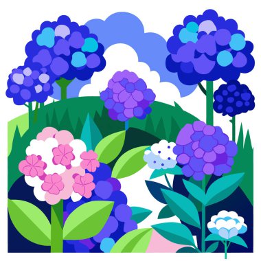 Mavi ve mor ortanca çiçeklerinden oluşan canlı bir bahçe manzarası. Yapay zeka üretildi. Vektör simgesi