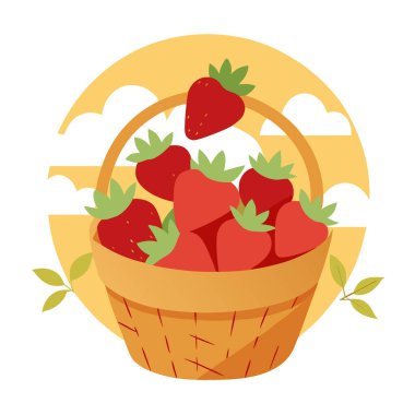 Güneşli temmuz öğleden sonra olgun organik çileklerle dolu kırsal sepet manzarası. Yapay zeka üretildi. Vektör simgesi