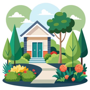 Bahçe çok güzel döşenmiş. Çalıların karışımı da var. Ağaçlar. ve mevsimlik çiçekler... yapay zeka üretildi. Vektör simgesi