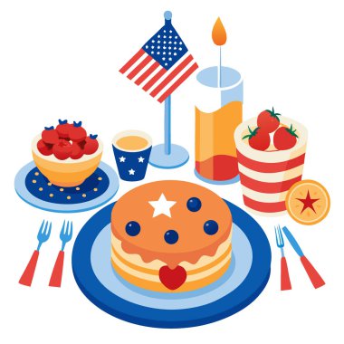 Taze böğürtlen ve vatansever pasta tasarımının yer aldığı bayramlık Amerikan kahvaltısı. Yapay zeka üretildi. Vektör simgesi