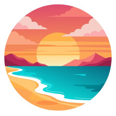 June Serene Sunset Plajı. Nazik Dalgalar kıyıya vuruyor. Yaz tatili titreşimleri. Yapay zeka üretildi. Vektör simgesi