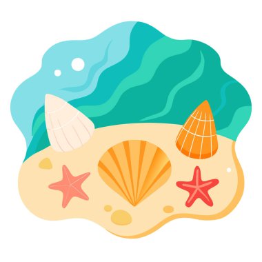 Kumdaki deniz kabukları. Yazın deniz tatili arka planında metin için yer var. Üst görünüm yapay zeka üretildi. Vektör simgesi